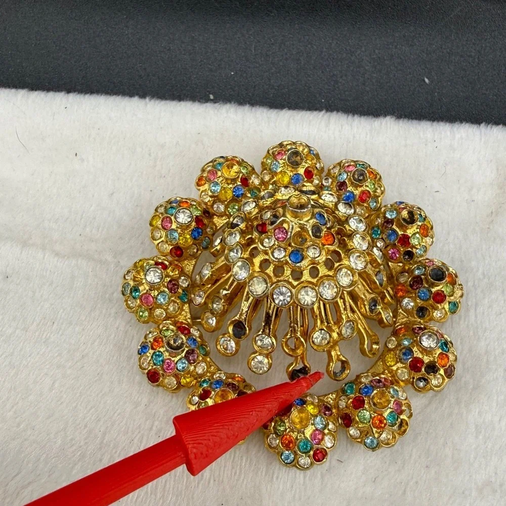 Vintage Rhinestone Dome Brooch Gold Tone Heavy READ
